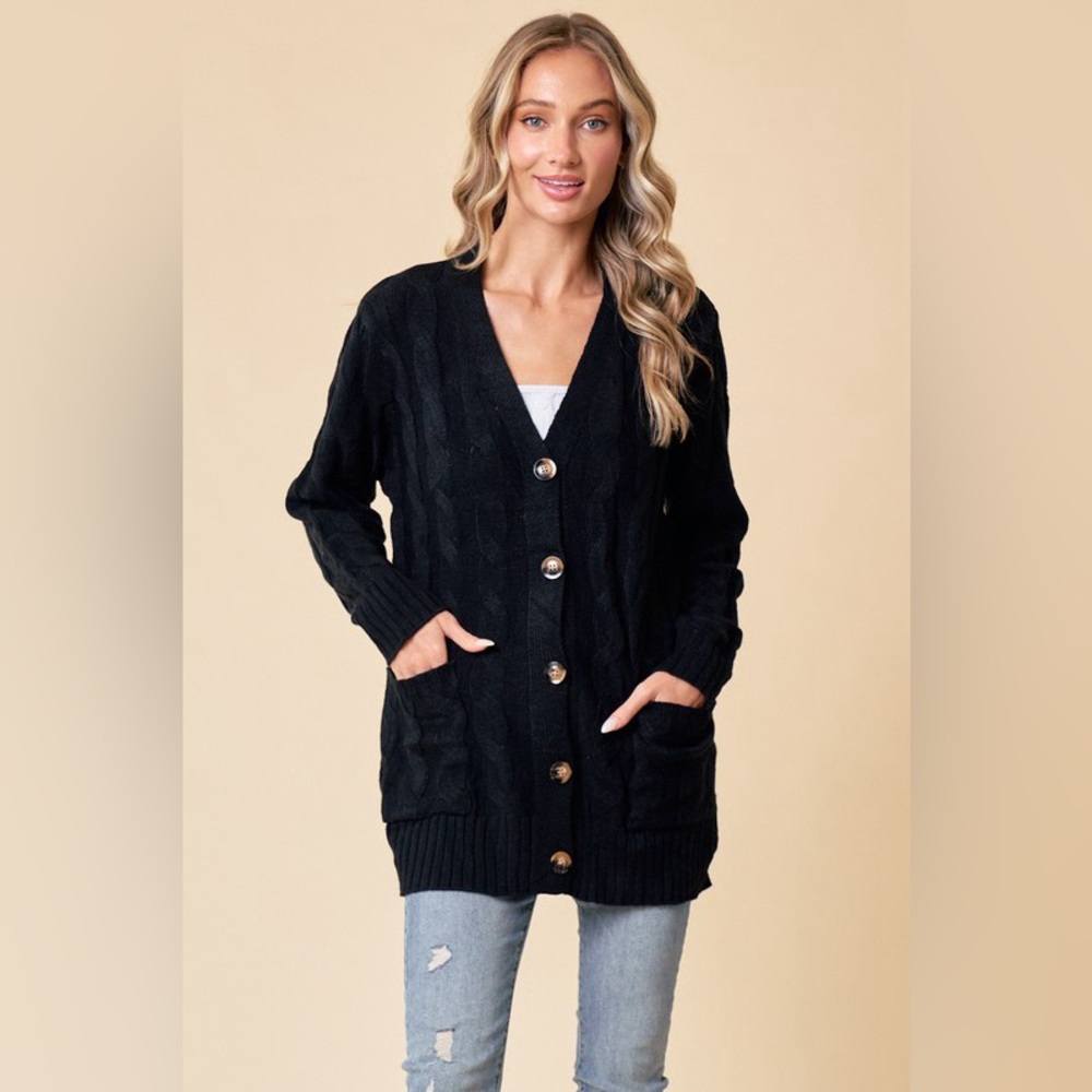154. Cable Knit Button Down Cardigan Sweater in Black